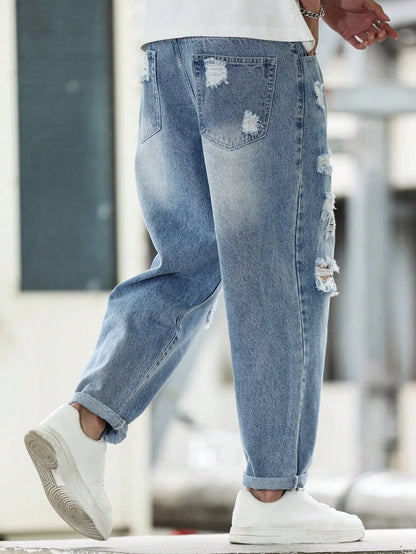 Calça Harém jeans rasgada azul masculina para primavera e outono. Moda de rua. Tendência Casual 。