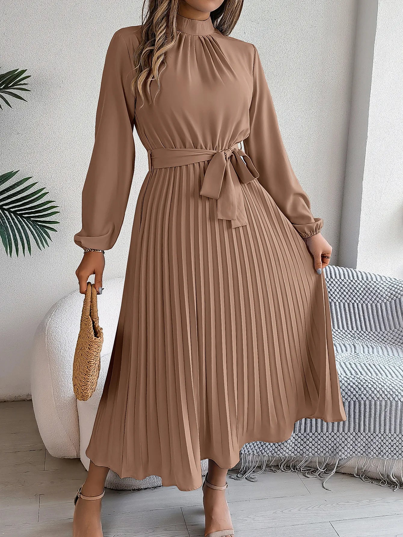 Solid Stand up Collar Bridesmaid Dress Spring Summer Casual Elegant Long Sleeve Waist Cinched Pleated Long Dresses for Women