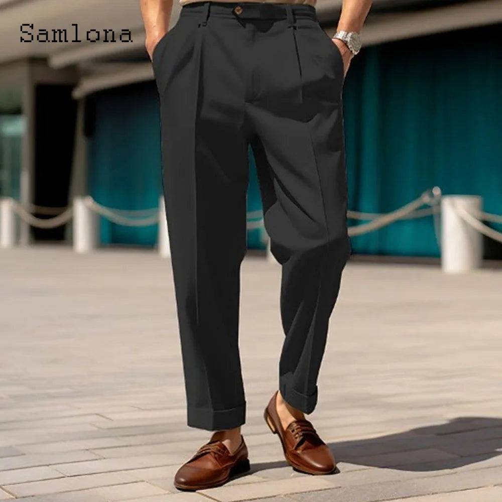 2023 masculino suporte bolso elegante calças de perna larga sólido branco festa de casamento calças plus size moda masculina botões até terno calças