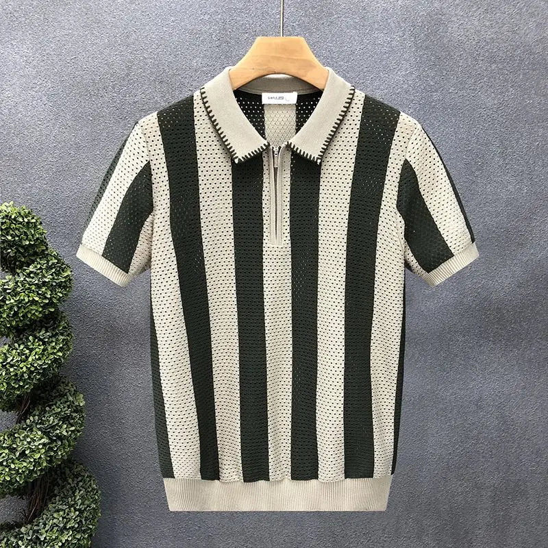 Short-sleeved striped Korean-style fitted polo collar casual new men's t-shirt