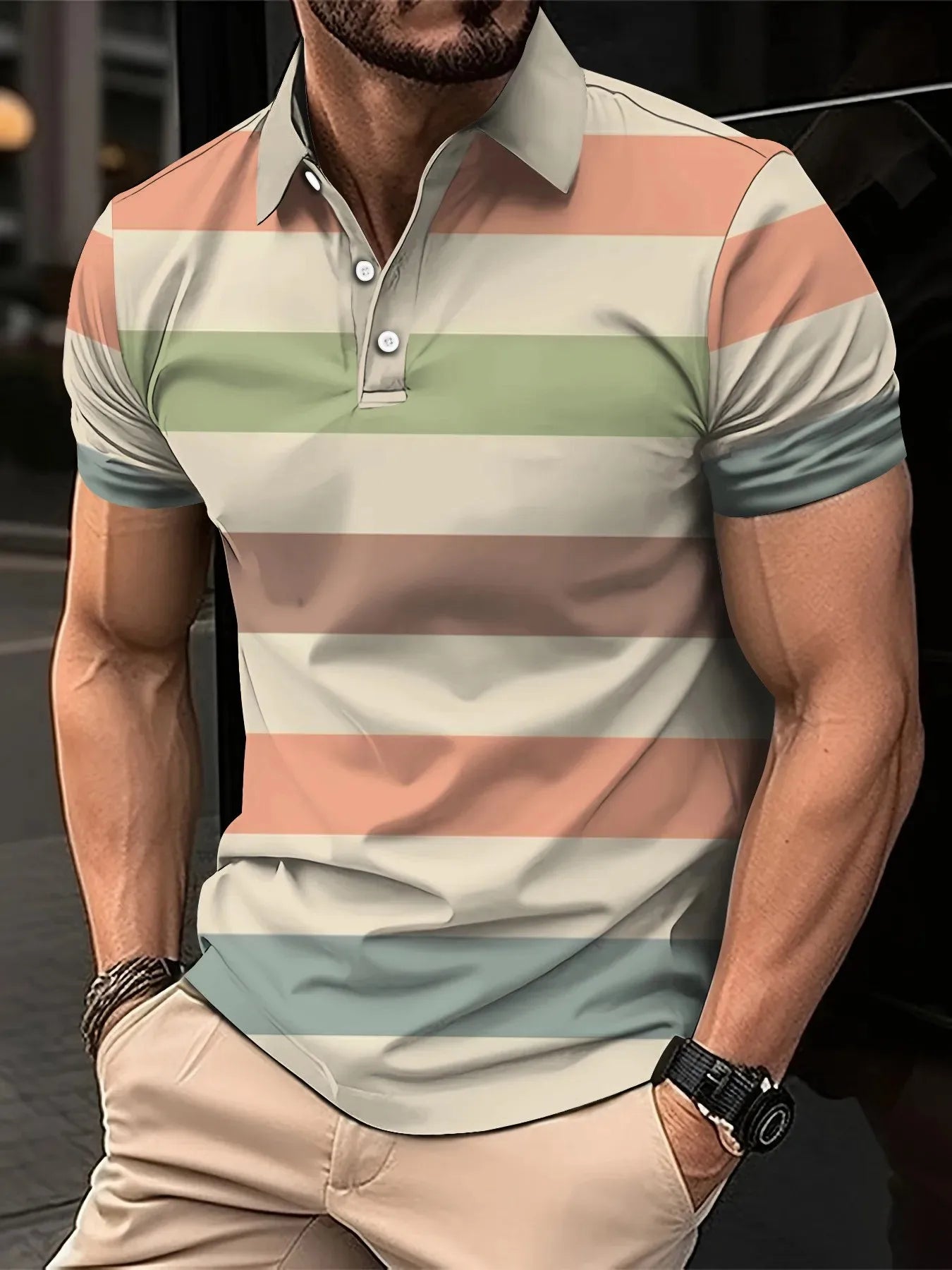 2026 Summer Men's Polo Shirt with Stripes Print Breathable Lightweight Casual Fashionable Outdoor Men's Clothing