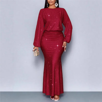 Vestido de Noite Elegante para Mulheres, Decote Redondo, Manga Longa, Saia em Cauda de Peixe Plissada, Vestido Sexy Longo e Slim para Primavera e Verão