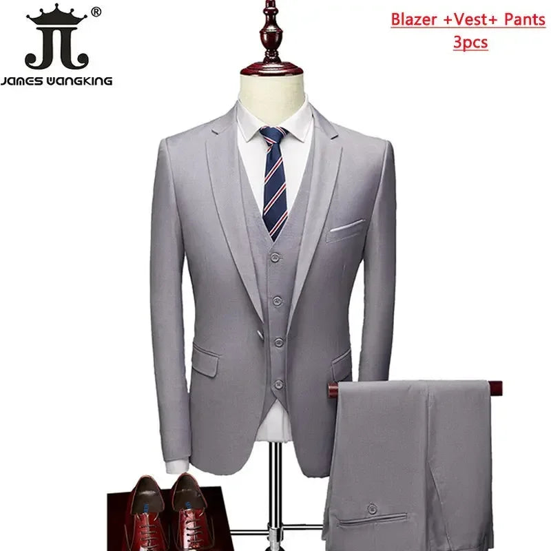 Conjunto de Terno Masculino de 3 Peças (Blazer + Colete + Calça) Tamanhos EUA XXS-3XL, Cor Sólida, Estilo Boutique, para Negócios Oficiais, Casamentos e Festas