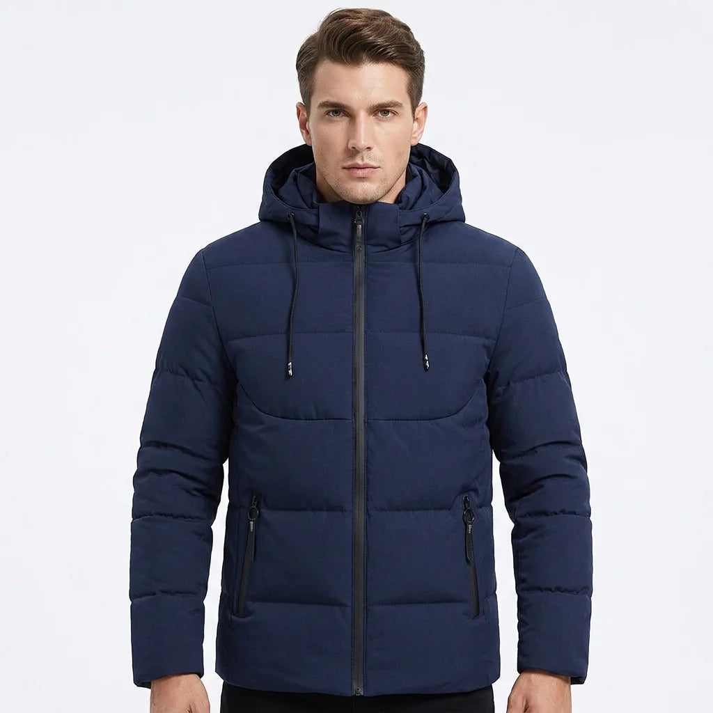 Men's Winter Puffer Hooded Jacket Thick Polyester Filled Zipper Front Logo Casual Style Regular Length Solid Color Windproof