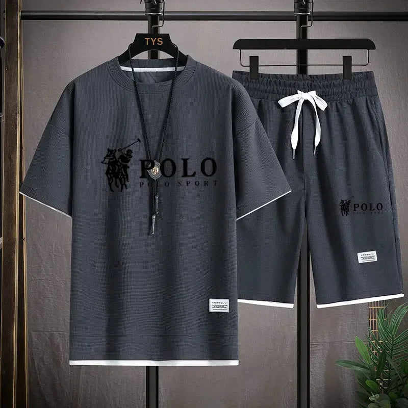 2025 camiseta masculina de manga curta + shorts esportivos de duas peças verão moda respirável fitness casual jogging conjunto.