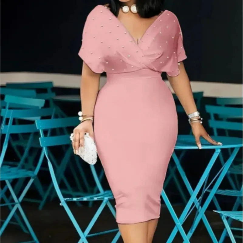 Moda 2025 vestido cor pura sem alças com decote em v meia manga volta zíper frisado vestido de manga curta vestido longo cintura regular