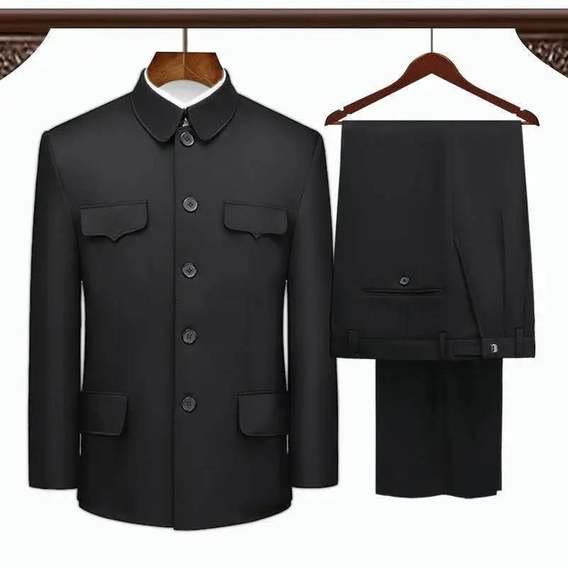Túnica chinesa terno primavera outono idosos mais recentes casaco calça projetos de duas peças dos homens formal wear pai roupas azul dupla camada