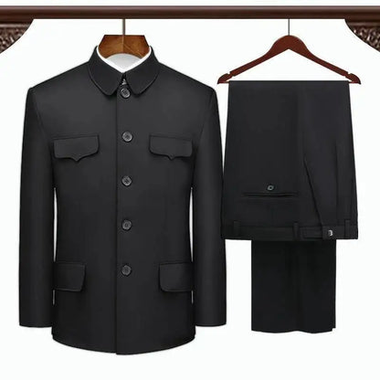 Túnica chinesa terno primavera outono idosos mais recentes casaco calça projetos de duas peças dos homens formal wear pai roupas azul dupla camada