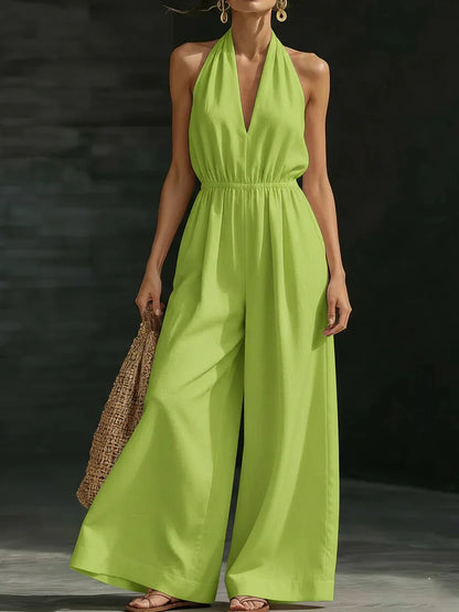 Macacão Feminino Halter Neck: Novo Macacão Casual Solto de Verão Francês com Decote V Sexy e Cor Sólida