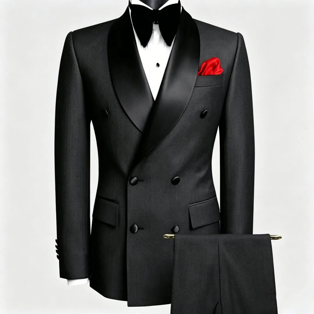Terno masculino preto, 2 peças, botão duplo com lapela preta, para casamento, noivo, negócios, aniversário, banquete, trabalho, jaqueta e calças