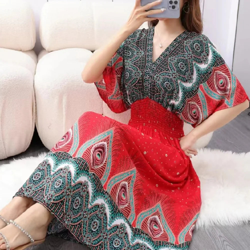 Flor colorida com decote em v elástico jovem boêmio doce midi vestido mulher roupas chique moda vestidos de verão 2025 grande balanço esqui