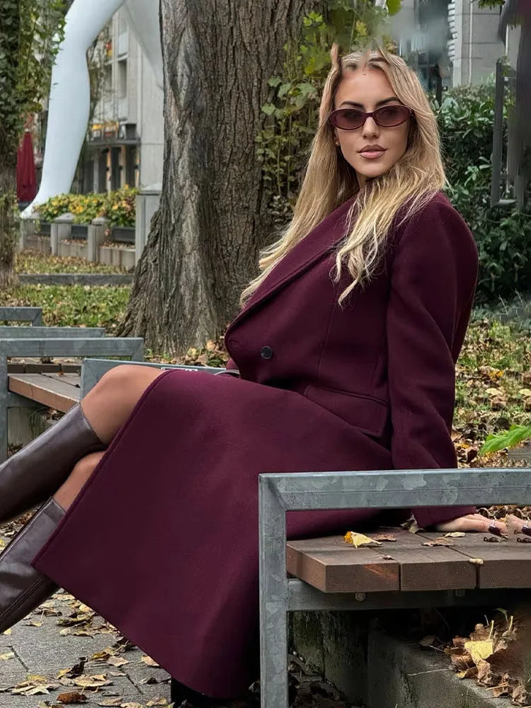 Casaco comprido feminino HH de lã, casual, para outono/inverno, com gola dobrável, mangas compridas, bolsos e abotoamento duplo.