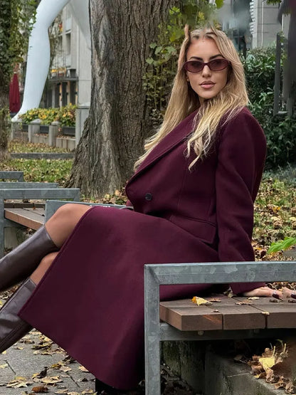 Casaco comprido feminino HH de lã, casual, para outono/inverno, com gola dobrável, mangas compridas, bolsos e abotoamento duplo.