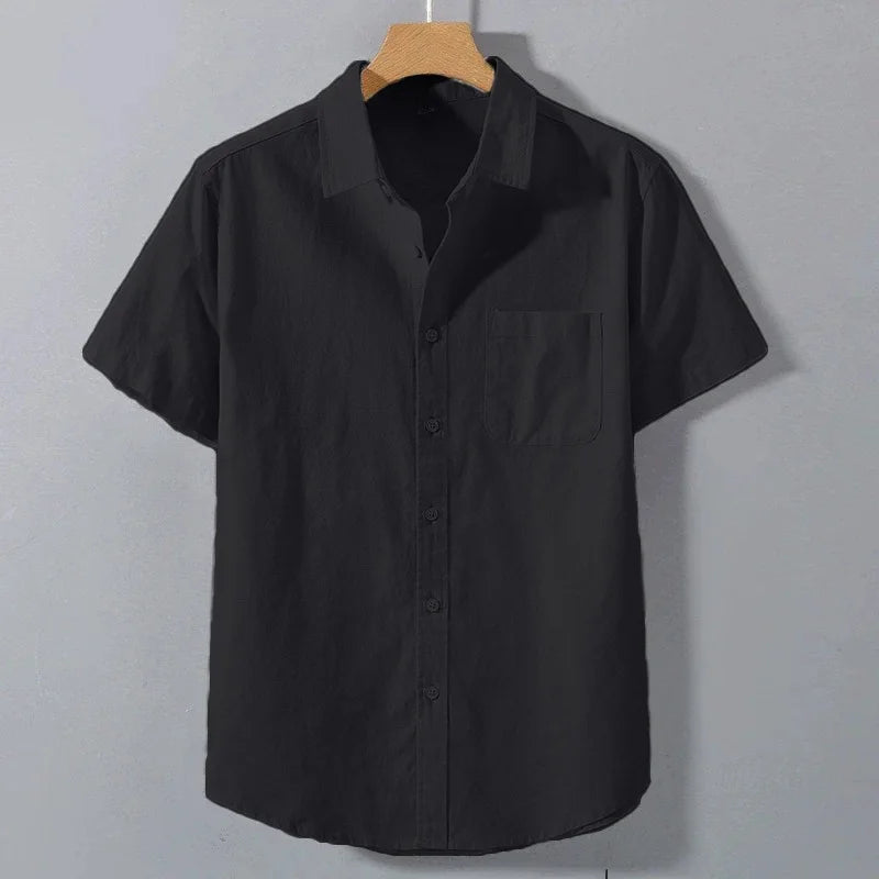 Primavera verão camisa de manga curta para homens cor sólida leve respirável elegante diário casual lapela bolso camisas
