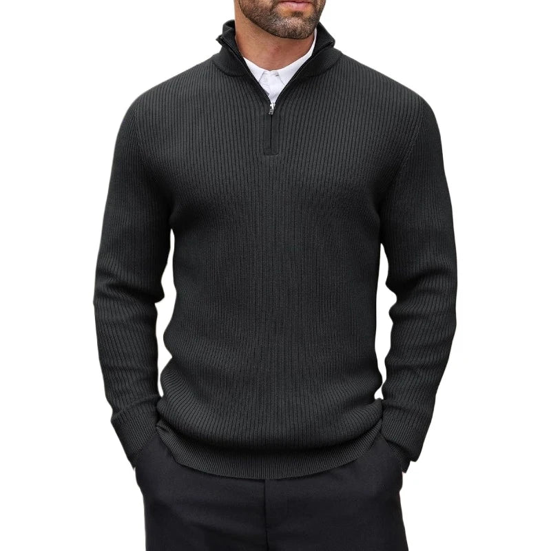 Suéter masculino com zíper quarto, gola simulada, casual, malha canelada, pulôver, outono, leve, polo, inverno, quente, roupa externa