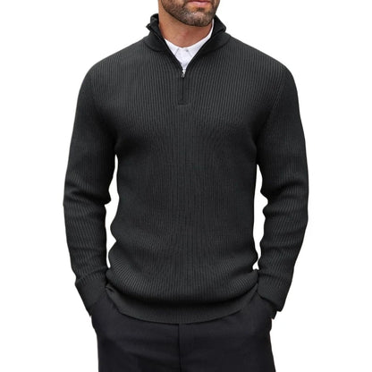 Suéter masculino com zíper quarto, gola simulada, casual, malha canelada, pulôver, outono, leve, polo, inverno, quente, roupa externa