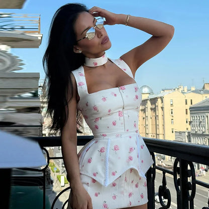 Vestido Estampado Feminino de Cetim Floral Mini com Decote V Profundo, Mangas Bufantes e Cintura Peplum - Vestido de Festa Duas Peças para Mulheres