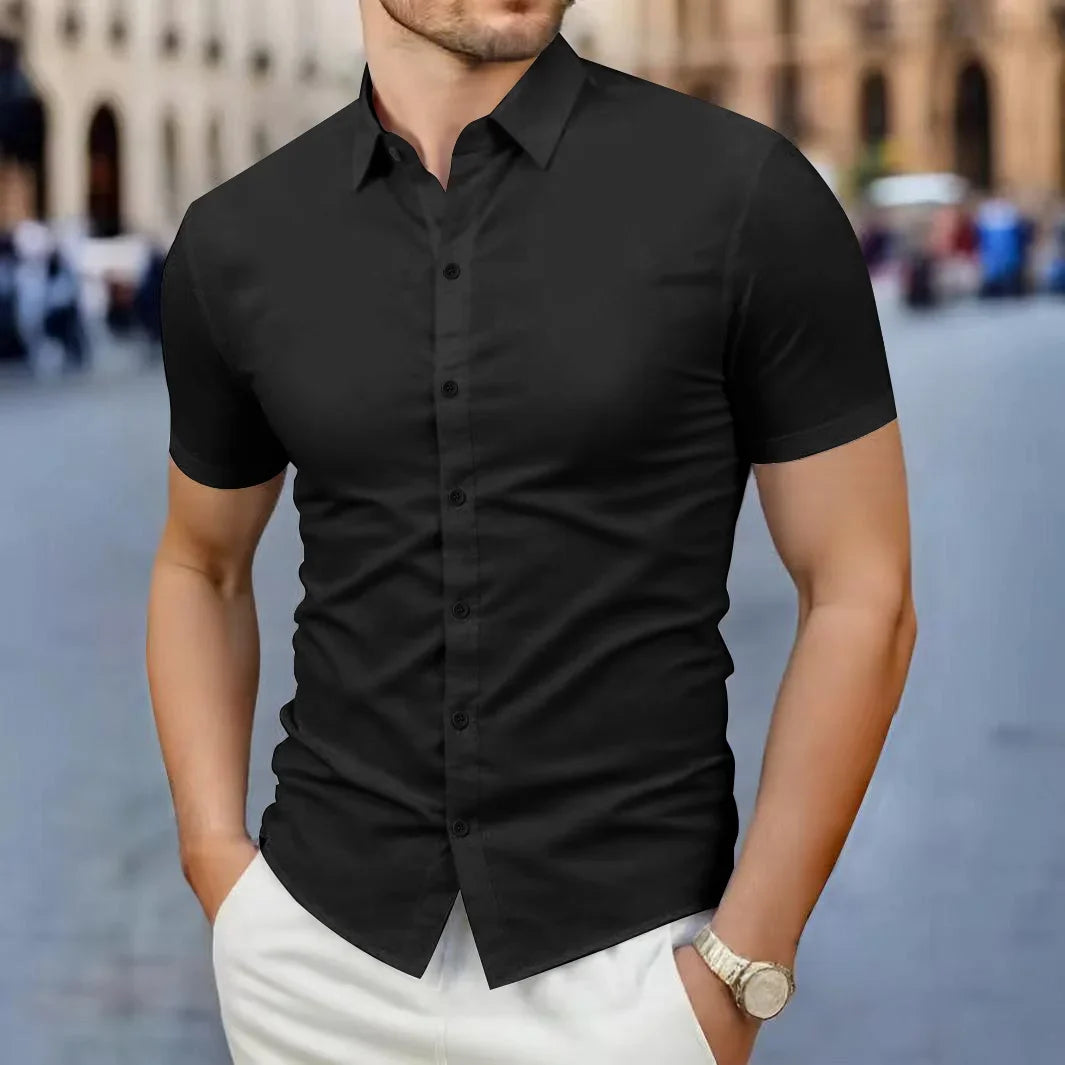 New Men's Business Casual Solid Color Short Sleeved Shirt for Summer Fashion No Ironing Comfortable and Versatile Top