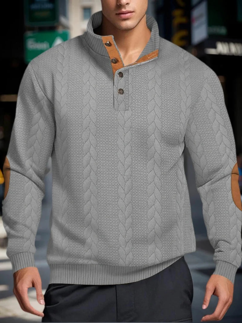 Suéteres jacquard de malha masculina botão gola alta pulôver quente suéteres ao ar livre casual moletom de manga comprida masculino
