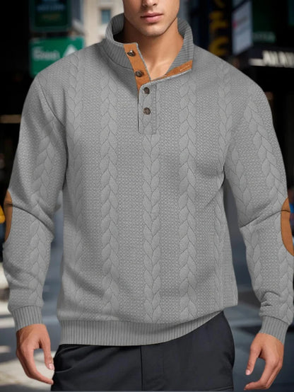 Suéteres jacquard de malha masculina botão gola alta pulôver quente suéteres ao ar livre casual moletom de manga comprida masculino