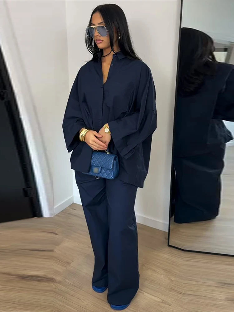 Fashion Solid Long Pants Set Women Chic Lapel Single Breasted Shirt High Waist Wide Leg Trousers 2026 Spring Summer 2 Pcs Outfit