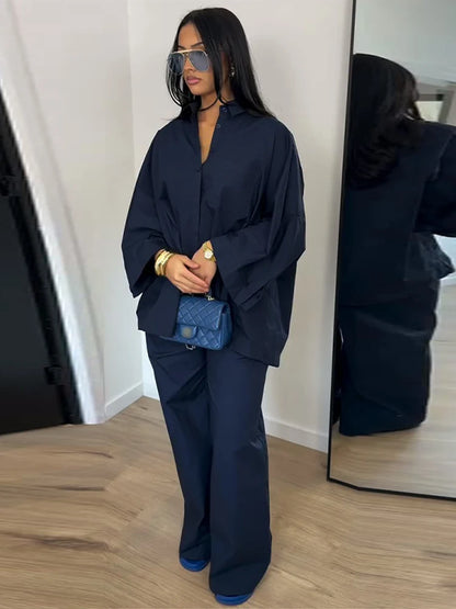 Fashion Solid Long Pants Set Women Chic Lapel Single Breasted Shirt High Waist Wide Leg Trousers 2026 Spring Summer 2 Pcs Outfit