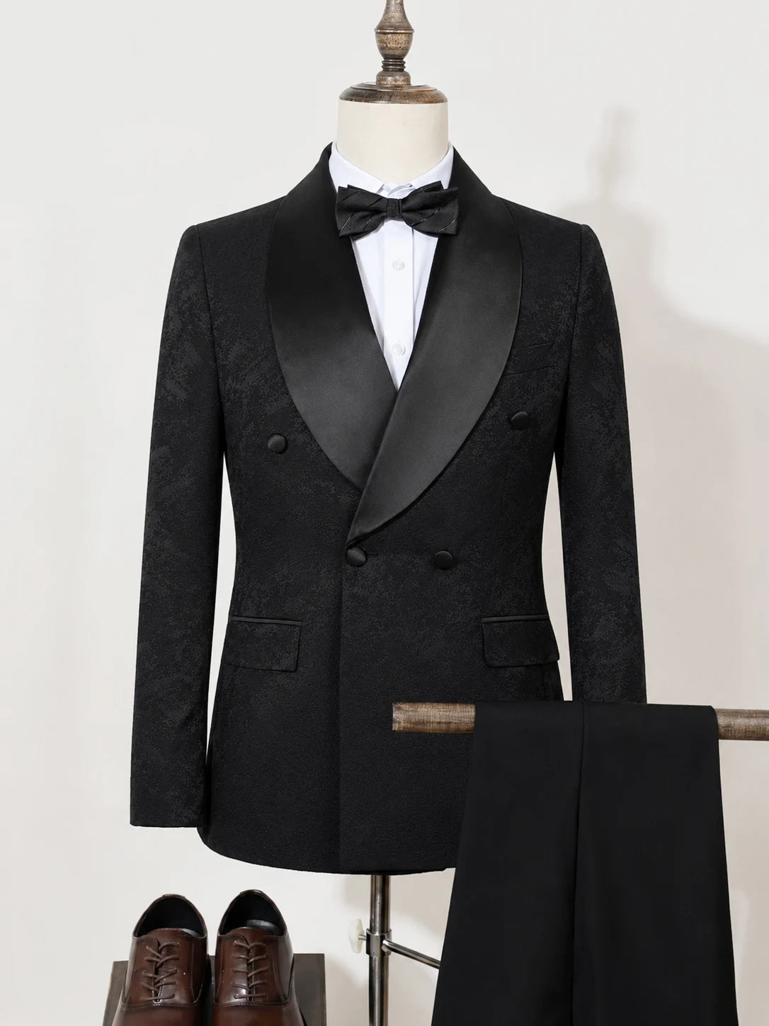 Conjunto de Terno Masculino de Luxo Preto de 2 Peças com Gola Xale e Abotoamento Duplo, para Festa, Negócios, Casual, Traje de Noivo, Padrão Jacquard