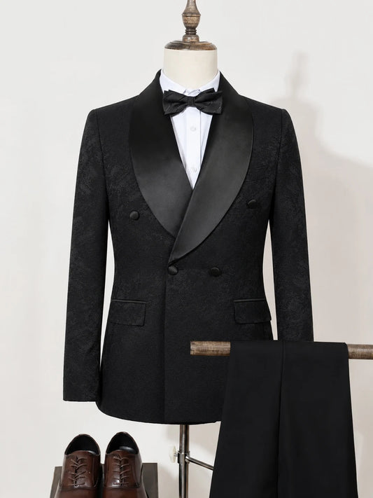 Conjunto de Terno Masculino de Luxo Preto de 2 Peças com Gola Xale e Abotoamento Duplo, para Festa, Negócios, Casual, Traje de Noivo, Padrão Jacquard