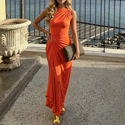 Vestido Longo Plissado Feminino com Decote Redondo, Sem Mangas, Elegante e Ajustado para Festas e Eventos