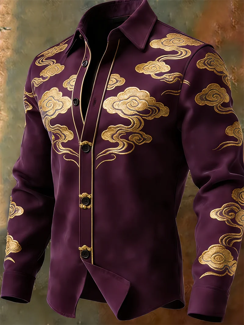 Nova camisa masculina retrô com padrão multicolorido e estampa 3D de nuvens, camisa casual marrom de manga comprida para o dia a dia.