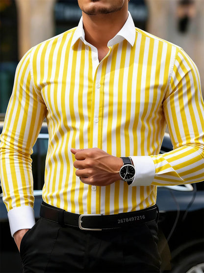 Camisa masculina de manga comprida listrada casual de negócios, design elegante com lapela e emenda de cores contrastantes, top casual masculino.
