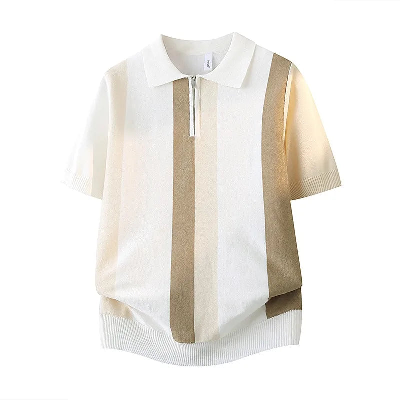 Camiseta Masculina de Verão com Listras, Camisa Polo Elegante e Minimalista, Suéter de Malha Versátil