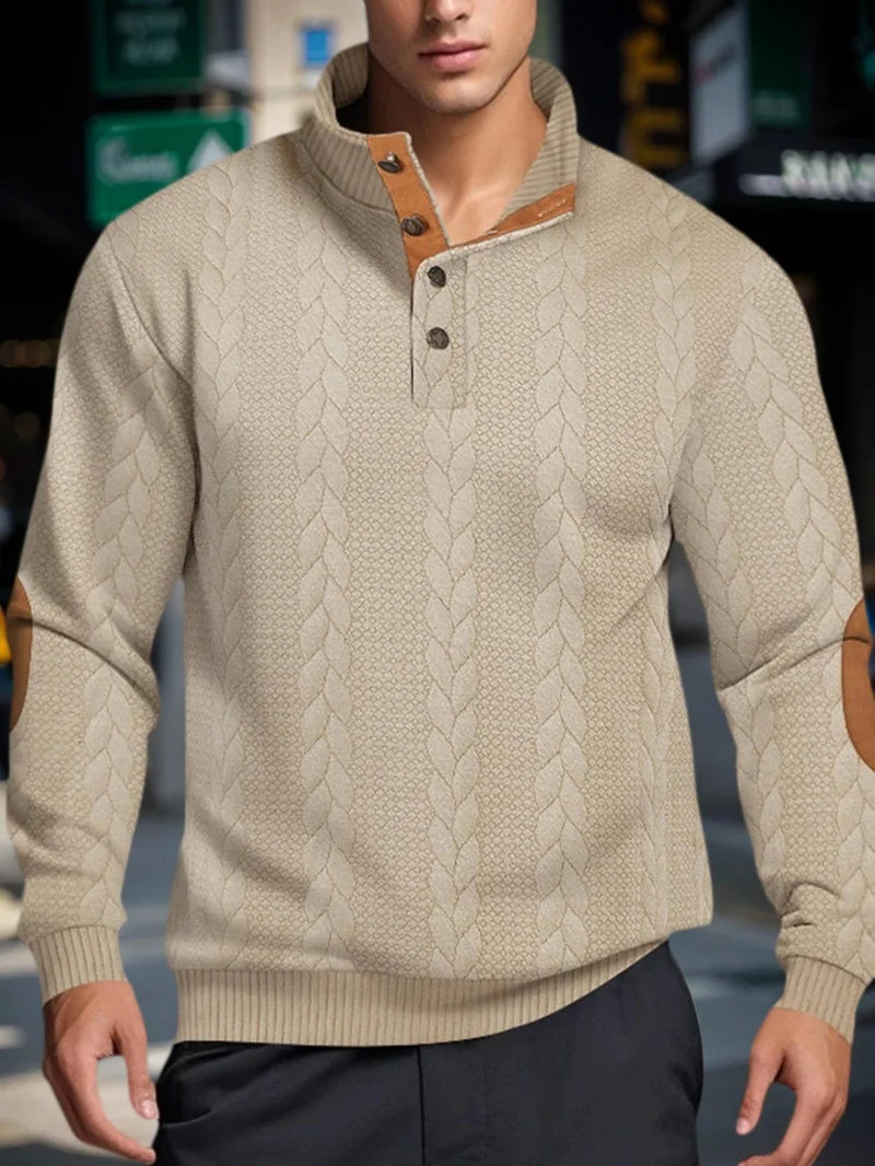 Suéteres jacquard de malha masculina botão gola alta pulôver quente suéteres ao ar livre casual moletom de manga comprida masculino