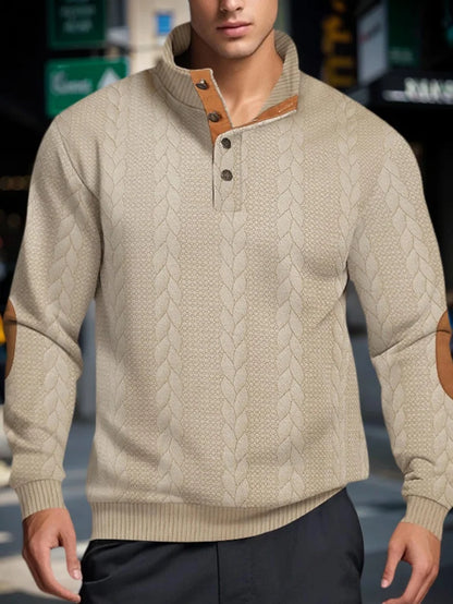 Suéteres jacquard de malha masculina botão gola alta pulôver quente suéteres ao ar livre casual moletom de manga comprida masculino
