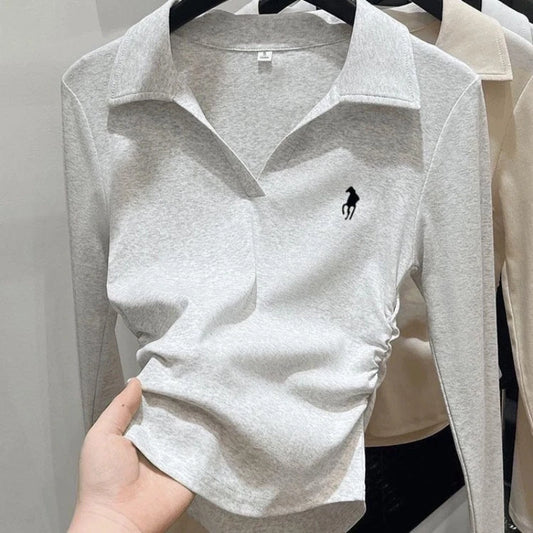 Polo pescoço bordado plissado curto topos primavera outono manga longa magro all-match casual t camisas moda vintage roupas femininas