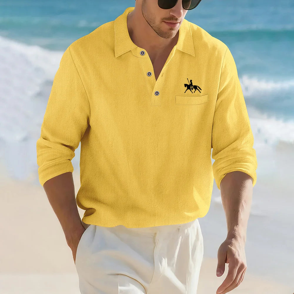 Camisa Masculina Casual de Linho e Algodão Leve com Lapela, Solta, Cor Sólida, Moda Primavera Outono, com Detalhe Decorativo na Gola