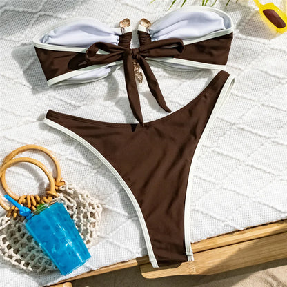 Conjunto de biquíni tomara que caia branco feminino, maiô sexy com fivela metálica em contraste, biquíni brasileiro cavado.