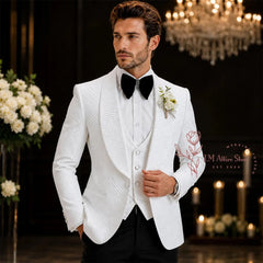 Terno de Casamento Masculino de Alta Costura Branco para Noivo, 3 Peças, com Blazer Jacquard de Lapela Xale, Colete e Calças Pretas, Conjunto Formal Slim Fit