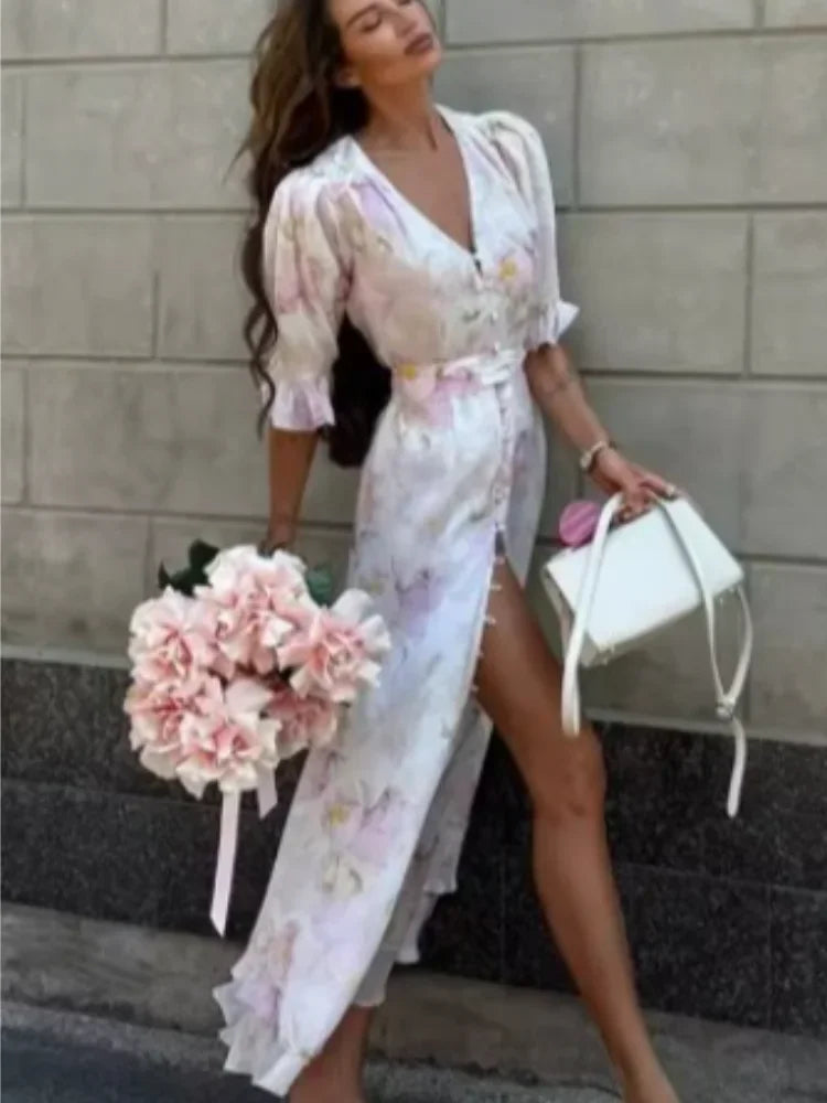 Vestido Longo Plissado com Mangas Borboleta para Mulheres, Decote V Profundo, Estampa Floral, Sexy, com Cintura Ajustável, Vestidos Femininos para Férias e Passeio
