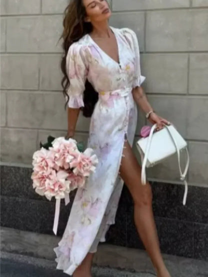 Vestido Longo Plissado com Mangas Borboleta para Mulheres, Decote V Profundo, Estampa Floral, Sexy, com Cintura Ajustável, Vestidos Femininos para Férias e Passeio