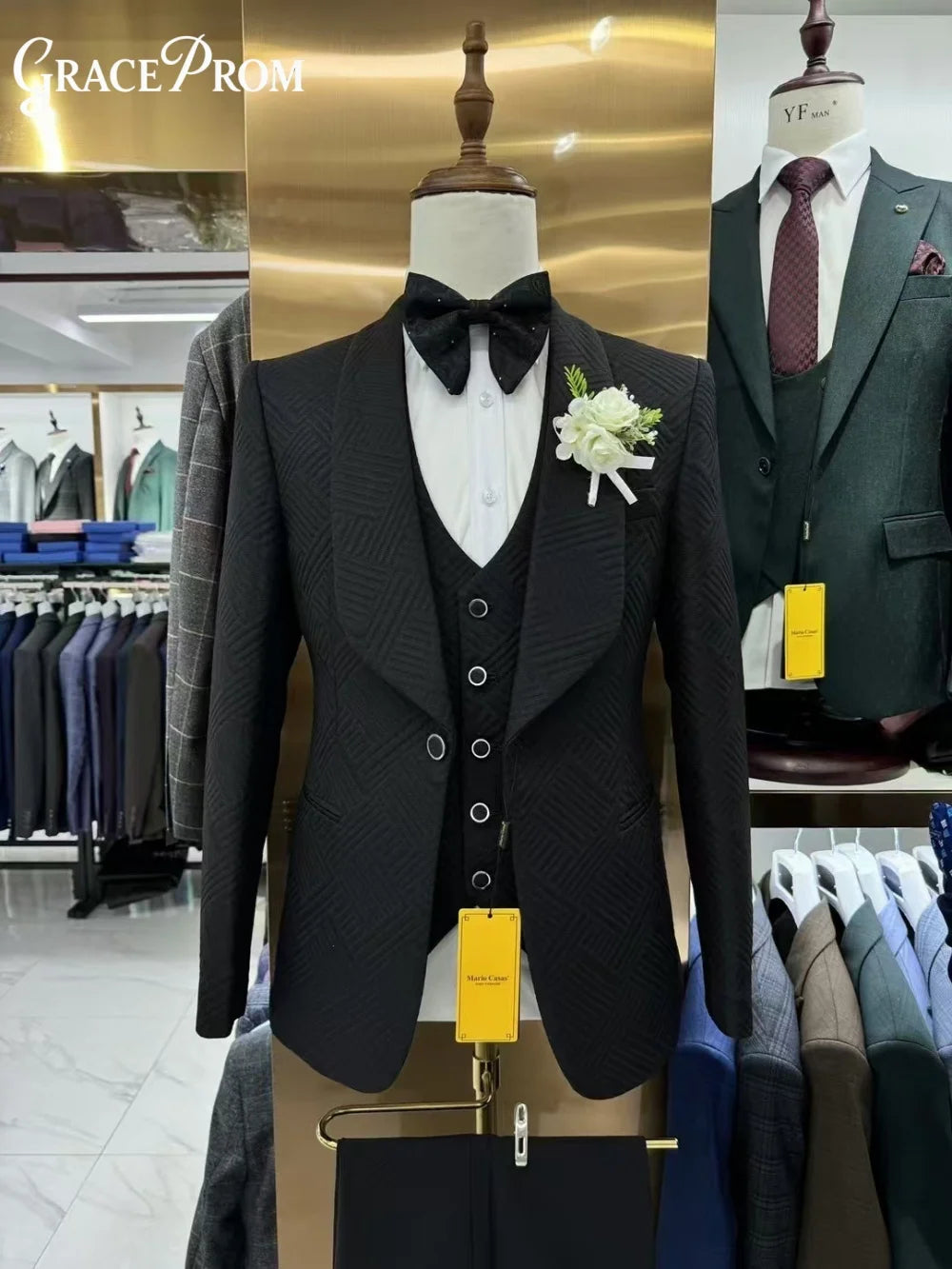 Elegante Terno Masculino Branco Geométrico Jacquard 3 Peças 2026 Formal com Lapela Xale para Noivo e Padrinhos – Ideal para Casamento, Baile de Formatura e Festas