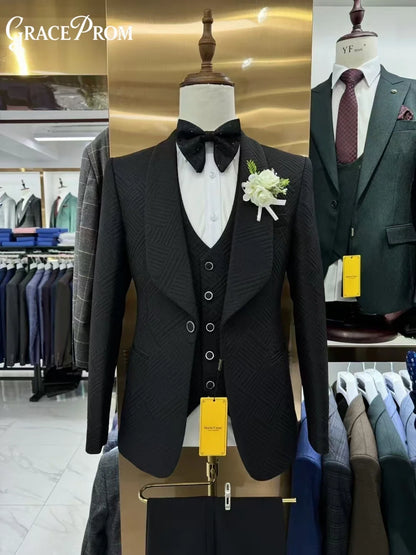 Elegante Terno Masculino Branco Geométrico Jacquard 3 Peças 2026 Formal com Lapela Xale para Noivo e Padrinhos – Ideal para Casamento, Baile de Formatura e Festas