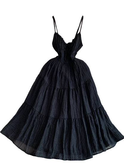 Vestido Elegante Roxo de Verão Feminino com Decote V, Sem Mangas, Cintura Marcada, Detalhes em Gaze, Estilo Casual Confortável para Feriados