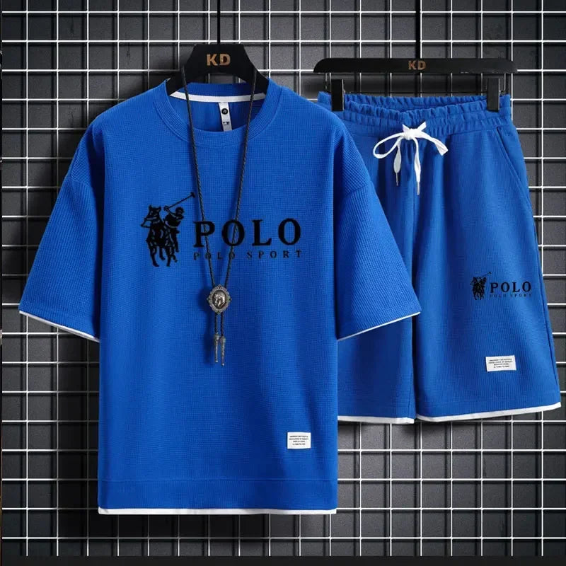 2025 camiseta masculina de manga curta + shorts esportivos de duas peças verão moda respirável fitness casual jogging conjunto.