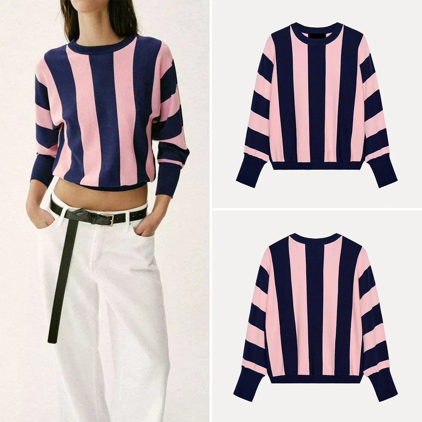 Suéter Listrado de Manga Longa com Gola Redonda Casual para Mulheres, Moda de Verão, Nova Chegada ZADATA, Top Confortável de Corte Solto