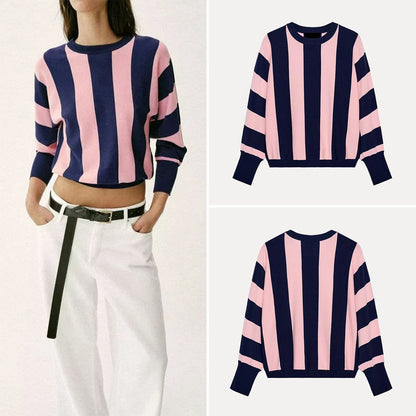 Suéter Listrado de Manga Longa com Gola Redonda Casual para Mulheres, Moda de Verão, Nova Chegada ZADATA, Top Confortável de Corte Solto