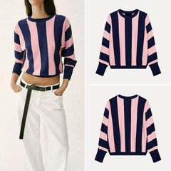 Suéter Listrado de Manga Longa com Gola Redonda Casual para Mulheres, Moda de Verão, Nova Chegada ZADATA, Top Confortável de Corte Solto