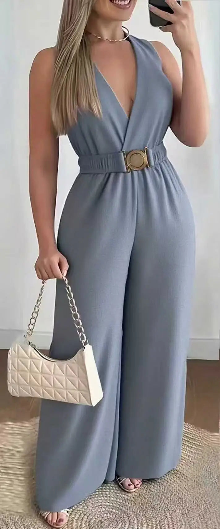 Macacões Femininos 2026: Macacão Sexy Sem Mangas com Decote V Profundo e Perna Larga, Moda Primavera/Verão - Roupa Feminina