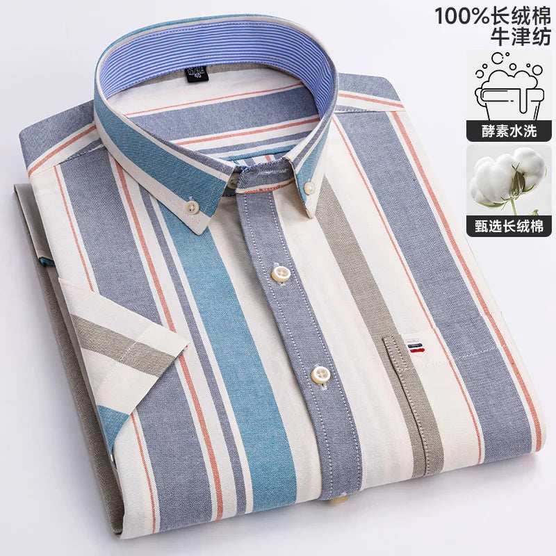 100% algodão puro oxford camisas masculinas manga curta xadrez macio regular ajuste formal vestido camisa blusa social roupas masculinas 6xl 7xl