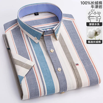 100% algodão puro oxford camisas masculinas manga curta xadrez macio regular ajuste formal vestido camisa blusa social roupas masculinas 6xl 7xl